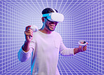 Futuristic, gaming or man in metaverse on purple background with hand vr controllers in neon studio. Wow, virtual reality user or happy fantasy gamer person in cyber 3d ai digital scifi experience