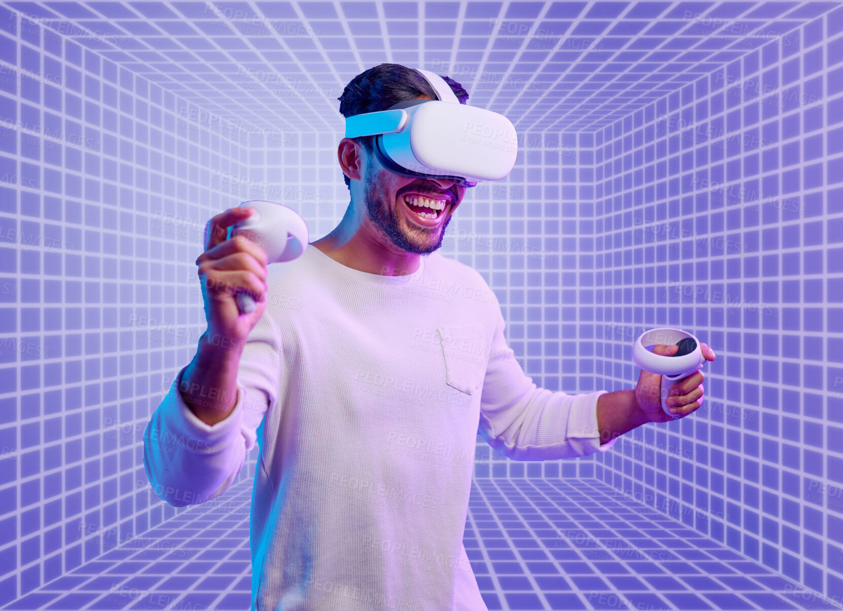 Buy stock photo Futuristic, gaming or man in metaverse on purple background with hand vr controllers in neon studio. Wow, virtual reality user or happy fantasy gamer person in cyber 3d ai digital scifi experience