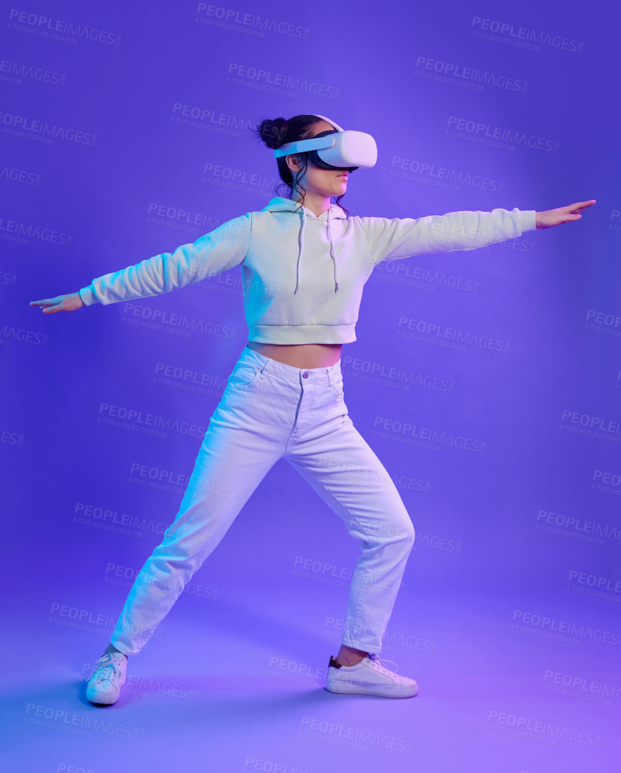 Buy stock photo Woman, metaverse and virtual reality glasses for futuristic gaming, cyber and digital world. Gamer person with hands for ar body balance, 3d experience and creative cyberpunk purple background app