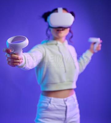 Buy stock photo Virtual glasses, woman and games with futuristic tech, mockup and esports with blue studio background. Vr, female and happy lady with headset, gamer or augmented reality for fun, controller or future