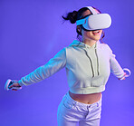Gamer woman, metaverse and virtual reality headset for futuristic gaming, cyber and 3d world. Happy person flying with hand controller for ar, digital experience and cyberpunk purple background app
