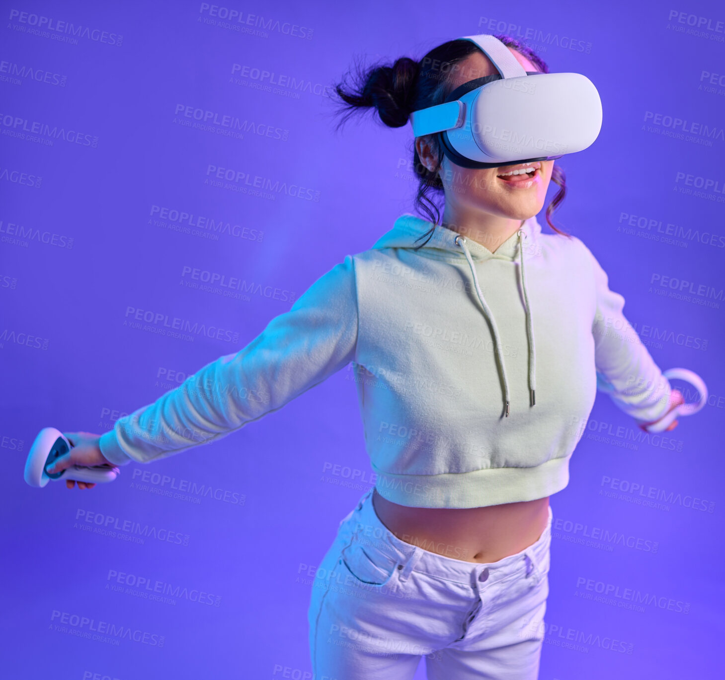 Buy stock photo Gamer woman, metaverse and virtual reality headset for futuristic gaming, cyber and 3d world. Happy person flying with hand controller for ar, digital experience and cyberpunk purple background app