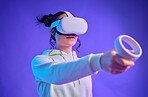 Metaverse, virtual reality headset and a woman with futuristic gaming, cyber and 3d world hand controller. Gamer person with for ar, digital experience and creative cyberpunk purple background mockup