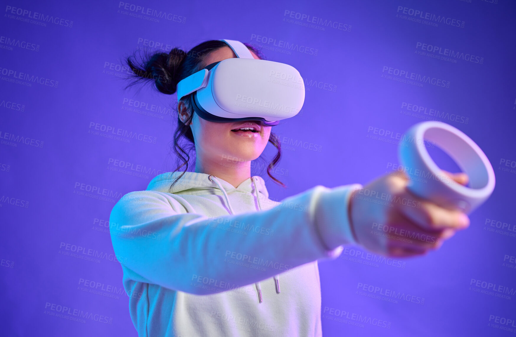 Buy stock photo Metaverse, virtual reality headset and a woman with futuristic gaming, cyber and 3d world hand controller. Gamer person with for ar, digital experience and creative cyberpunk purple background mockup