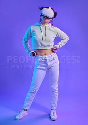 Buy stock photo Woman, metaverse and virtual reality headset with mockup for futuristic gaming, cyber and 3d world. Gamer person with hand for ar, digital experience and creative cyberpunk purple background app