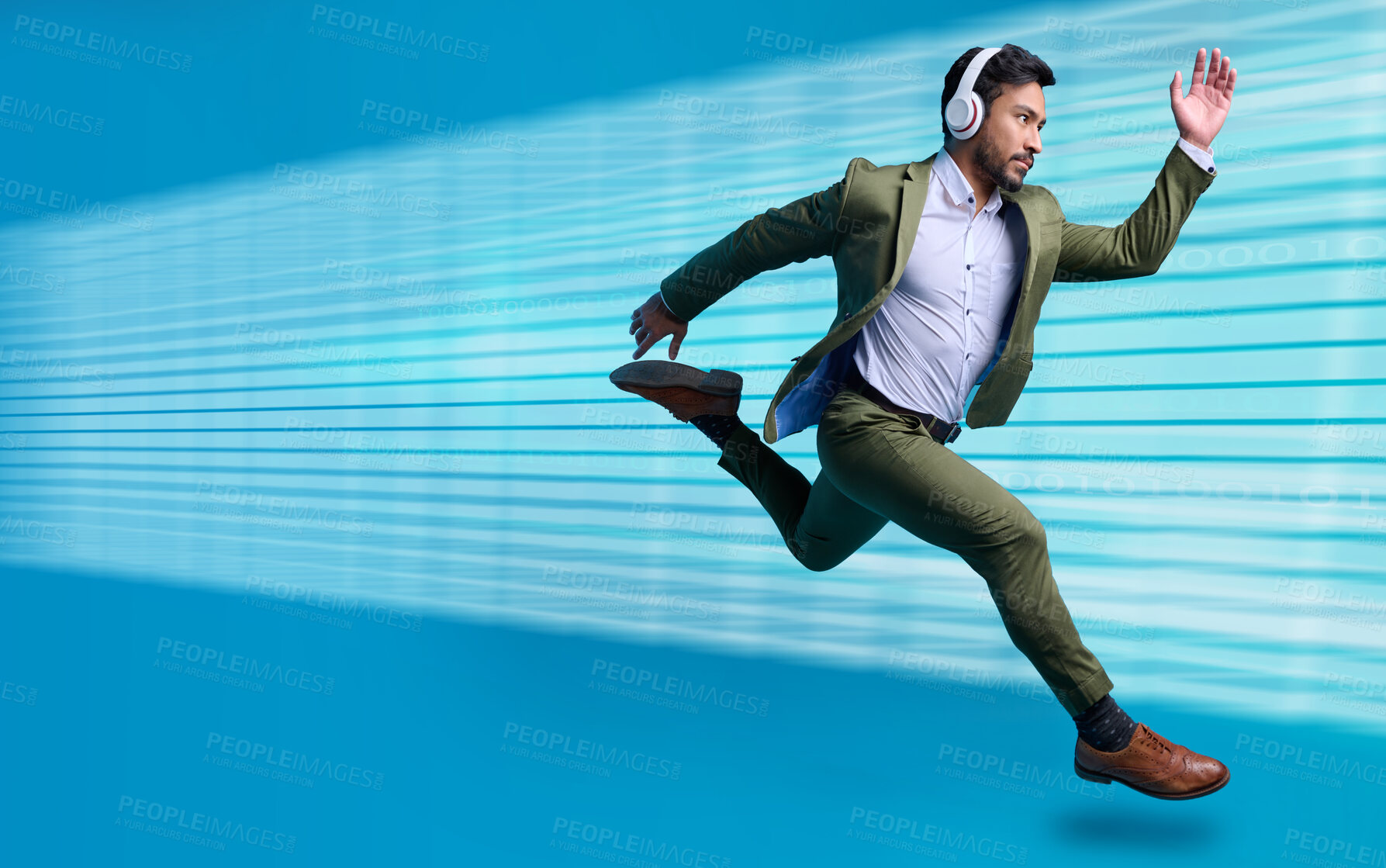 Buy stock photo Business, man in suit and running for appointment, goal driven and headphones for streaming music, motivation or entrepreneur. Male manager, leader or employee with headset, fast or target for growth