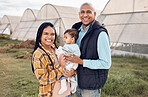Mother, father and baby in portrait at farm, outdoor and happy for infant kid, growth and sustainable small business. Black family, child and smile for farming sustainability with love by greenhouse