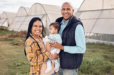 Buy stock photo Mother, father and baby in portrait at farm, outdoor and happy for infant kid, growth and sustainable small business. Black family, child and smile for farming sustainability with love by greenhouse