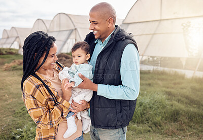 Buy stock photo Mom, father and baby with smile at farm, outdoor and happy for infant kid, growth and sustainable small business. Black family, child and excited for farming sustainability with love by greenhouse