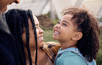 Buy stock photo Black family, farm or face with a girl, mother and father playing outdoor on a field for agriculture. Kids, happy or bonding with parents and their daughter together for sustainability farming