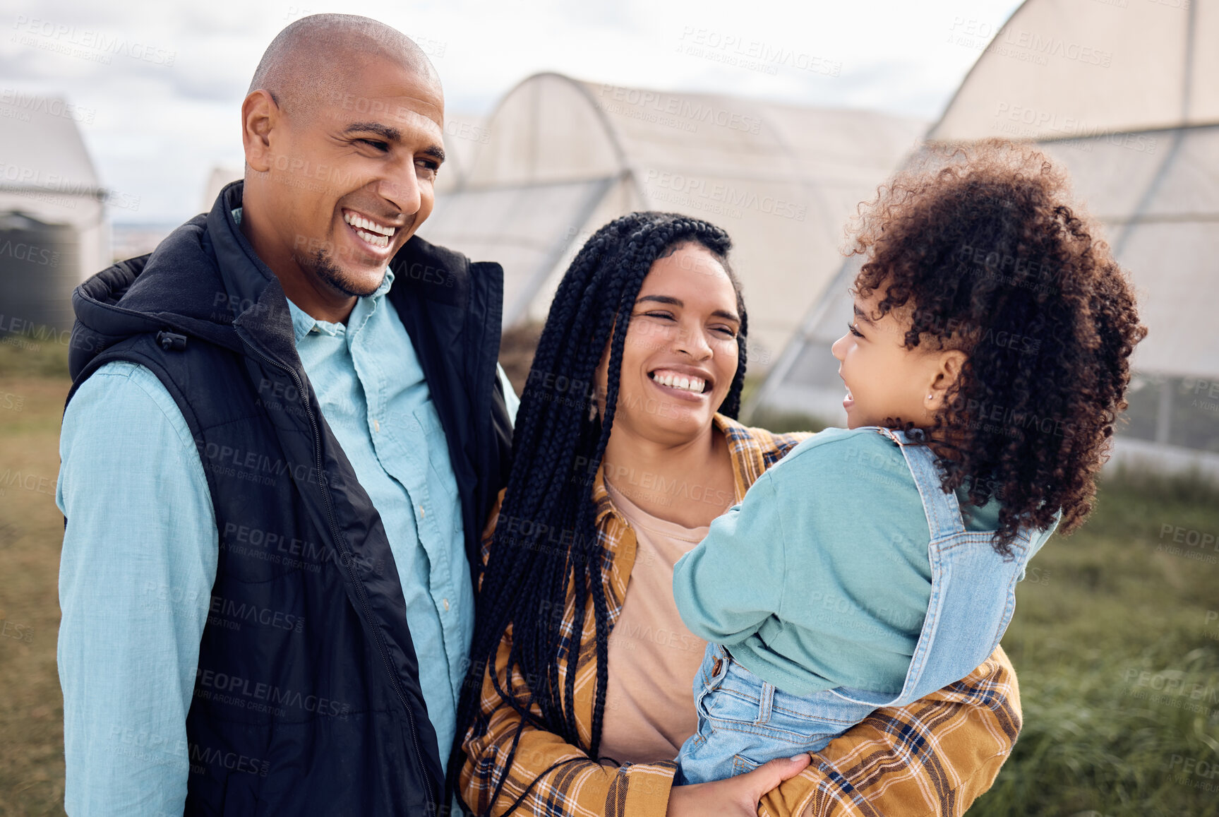 Buy stock photo Black family, farm or fun with a daughter, mother and father playing outdoor on a field for agriculture. Kids, happy or bonding with parents and their girl together for sustainability farming