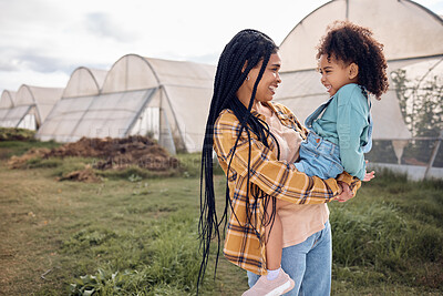 Buy stock photo Mother, kids and greenhouse farming on field for sustainability, growth and eco environment, Agriculture of happy black family, mom and children in garden, sustainable countryside and smile in nature