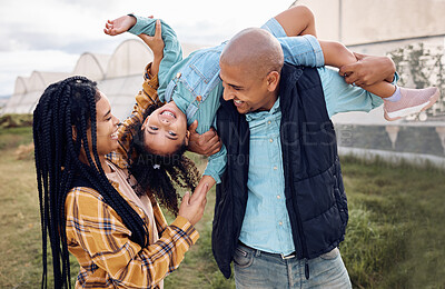 Buy stock photo Black family, farm or fun with a girl, mother and father playing outdoor on a field for agriculture. Kids, happy or bonding with parents and their daughter together for sustainability farming
