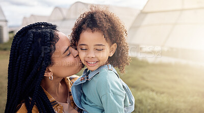 Buy stock photo Farming, mother and kids kiss on field, greenhouse and sustainability in eco environment, Agriculture of happy black family, mom and children with love in garden, sustainable countryside and nature