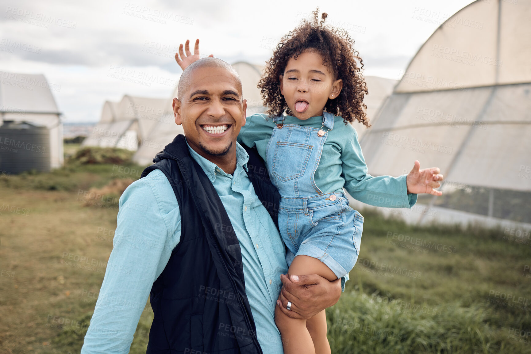 Buy stock photo Farm, family and portrait of father with girl enjoy bonding, farming and play in countryside field. Agriculture, sustainability and happy dad with daughter with funny face, comic and smile outdoors