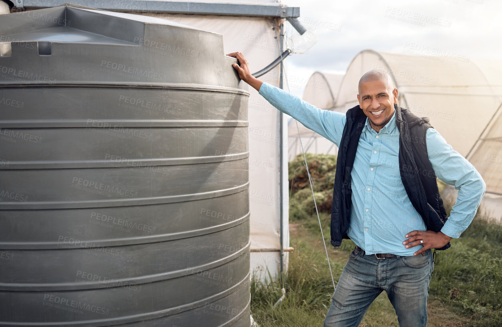 Buy stock photo Farmer, portrait and water tank in farming liquid or soil hydration for vegetables, food or crops growth. Irrigation, storage and agriculture container for watering conservation, smile or happy man