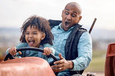 Buy stock photo Farming, tractor and father driving with his child outdoor on the farm with a omg, scared and crazy face expression. Nature, eco friendly and dad riding with his girl kid in agro field in countryside