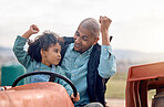 Farming, dad and child celebration of farm and countryside work on a farmer tractor outdoor. Black family, cheering and young boy with father in nature doing sustainability and eco friendly job