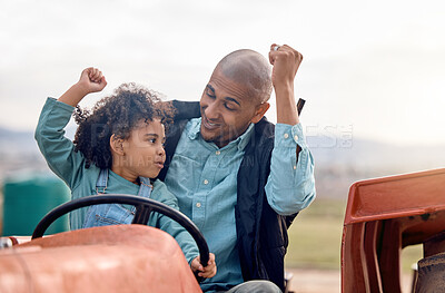 Buy stock photo Farming, dad and child celebration of farm and countryside work on a farmer tractor outdoor. Black family, cheering and young boy with father in nature doing sustainability and eco friendly job