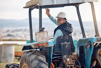 Buy stock photo Wave, greeting and man on a tractor for farming, agriculture work and working on a field in Spain. Happy, communication and farmer driving machine and waving for ecology and sustainability in nature