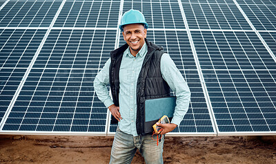 Buy stock photo Solar panels, man and portrait of engineering for industry, sustainability and electricity grid. Happy technician, manager and renewable energy of construction, future architecture and sun innovation