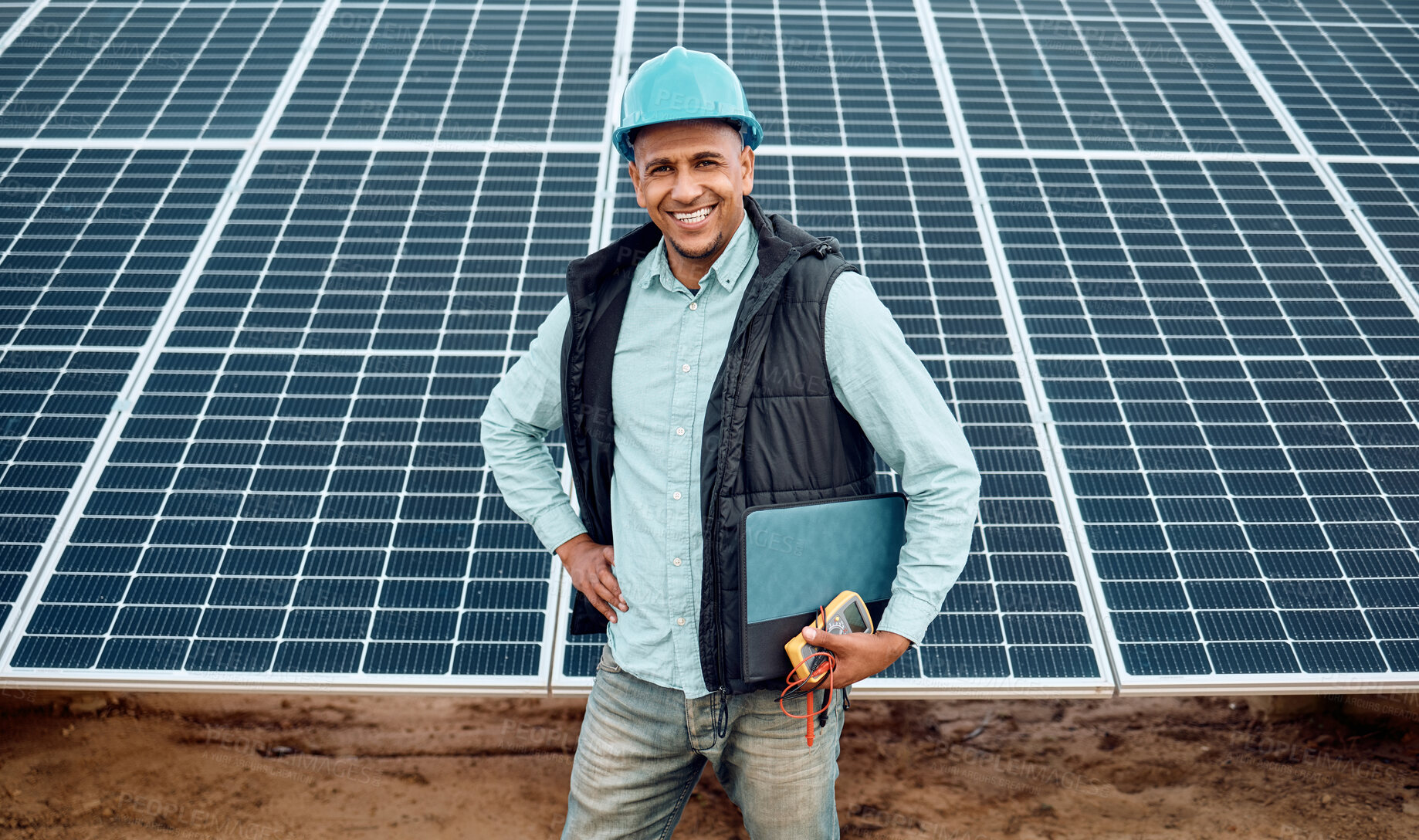 Buy stock photo Solar panels, man and portrait of engineering for industry, sustainability and electricity grid. Happy technician, manager and renewable energy of construction, future architecture and sun innovation