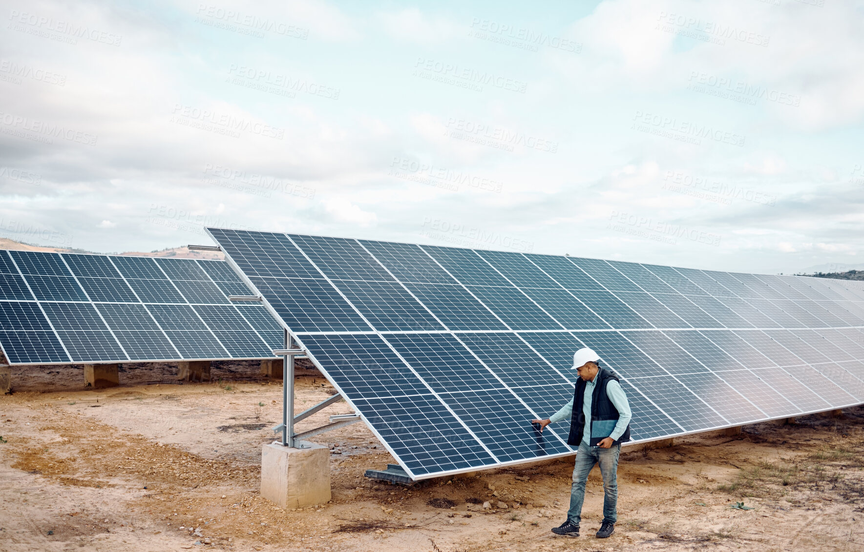 Buy stock photo Engineering man, solar panel inspection outdoor for renewable energy, sustainability and future of planet. Photovoltaic technology, clean electricity innovation and sustainable goals for earth safety