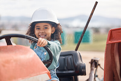 Buy stock photo Girl child in tractor, portrait and farming transport, sustainability and learning field work with development and fun. Childhood, farm machinery and farmer in training, growth and kid in agriculture