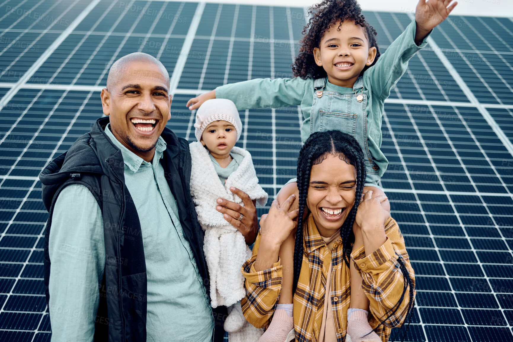 Buy stock photo Black family, children or solar panel with parents and daughter siblings on a farm together for sustainability. Kids, love or electricity with man and woman girls bonding outdoor for agriculture
