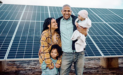 Buy stock photo Black family, kids or solar energy with parents and daughter siblings on a farm together for sustainability. Children, love or electricity with man and woman girls bonding outdoor for agriculture