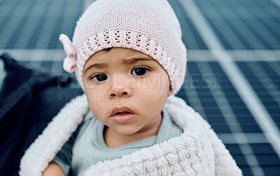 Buy stock photo Portrait, baby and beanie with a girl child in a blanket during winter looking cute or adorable. Children, babies and face with a small female kid feeling curious or serious while keeping warm
