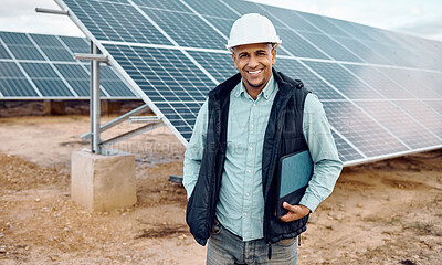 Buy stock photo Solar environment, man and portrait of engineering industry. Happy technician, manager and renewable energy of building, future innovation and architecture of electricity, sustainability and sun grid