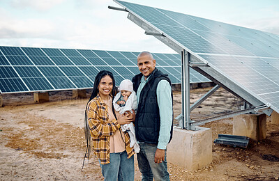 Buy stock photo Black family, children or solar energy with a baby, mother and father on a farm together for sustainability. Kids, love or electricity with man, woman and girl infant bonding outdoor for agriculture