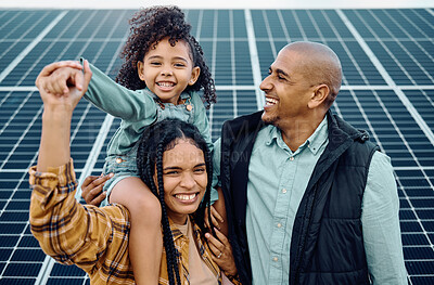 Buy stock photo Black family, children or solar energy with a mother, father and daughter on a farm together for sustainability. Kids, love or electricity with a man, woman and girl bonding outdoor for agriculture