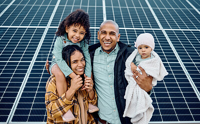 Buy stock photo Black family, children or solar energy with parents and daughter siblings on a farm together for sustainability. Kids, love or electricity with man and woman girls bonding outdoor for agriculture