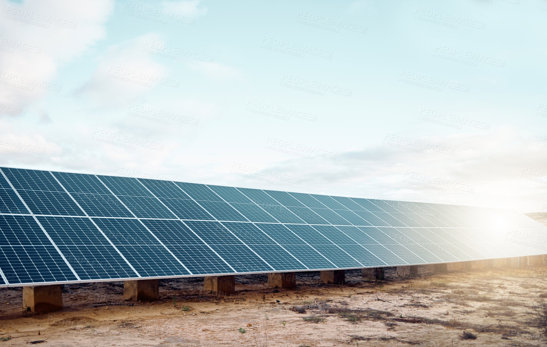 Buy stock photo Solar panels, renewable energy and engineering for sustainability, eco friendly and clean electricity background. Agriculture, photovoltaic grid design and countryside sun on blue sky mockup or space