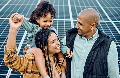 Buy stock photo Black family, children or solar panel with a mother, father and daughter on a farm together for sustainability. Kids, love or electricity with man, woman and girl bonding outdoor for agriculture