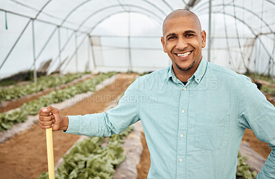 Buy stock photo Man, portrait or farming tool in greenhouse, agriculture land or sustainability field for vegetables harvesting. Smile, happy or farmer with gardening equipment for soil, lettuce or growth management