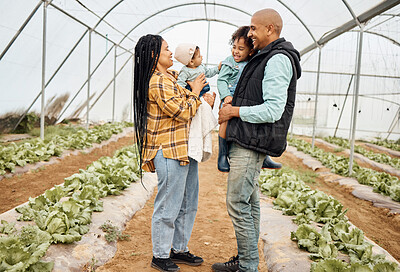 Buy stock photo Farmer family in greenhouse, black people with agriculture and lettuce farming, mother and father with children outdoor. Happiness, peace and sustainability, parents and kids farm together with agro