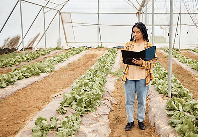 Buy stock photo Farmer, clipboard and writing in farming check, greenhouse analytics or lettuce growth research in crop compliance. Agriculture, countryside and garden field for inspection woman or food management