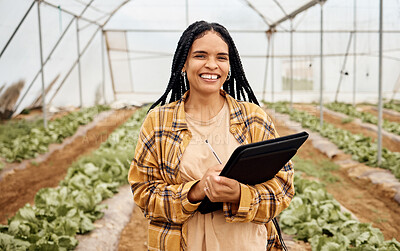 Buy stock photo Greenhouse, agriculture and black woman with vegetables growth checklist, agro business development and portrait. Farming, gardening and sustainability person with portfolio for inspection and smile