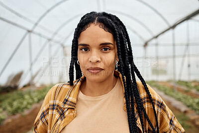 Buy stock photo Black woman, farmer in portrait with agriculture and farming in greenhouse, sustainability with crop harvest. Environment, farm fresh fruit and vegetable produce, green and eco friendly production