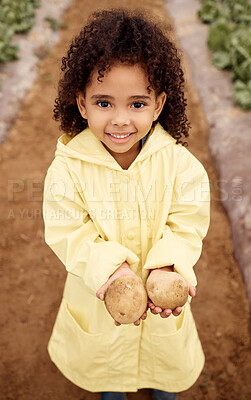 Buy stock photo Child, portrait or holding potatoes harvest in greenhouse farm, agriculture field or nature environment in export logistics sales. Smile, happy or farming kid with vegetables, ground food or produce