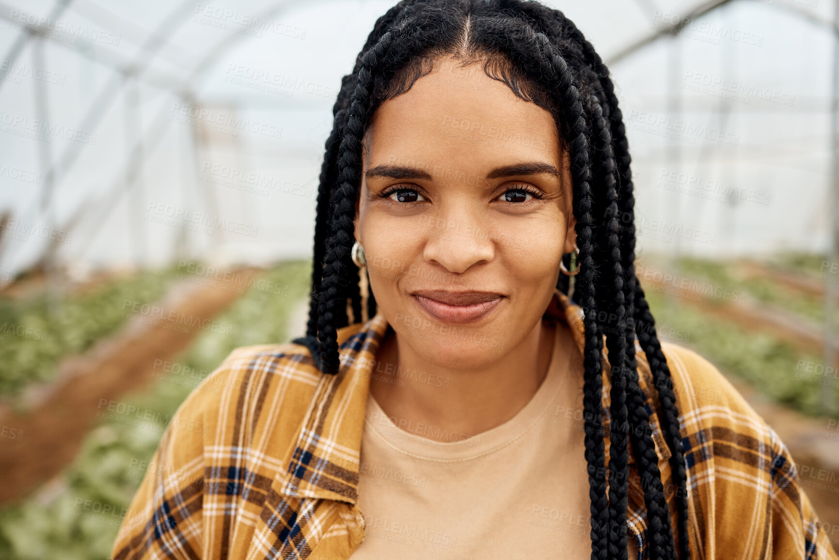 Buy stock photo Portrait, black woman and farmer face in greenhouse with agriculture, farming and sustainability with crop harvest. Environment, farm fresh vegetable produce with green and eco friendly production