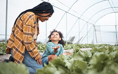 Buy stock photo Agriculture, farm and mother with girl in greenhouse garden to check growth of plants. Black family, agro question and care of mom laughing with kid on field for farming, learning or sustainability.