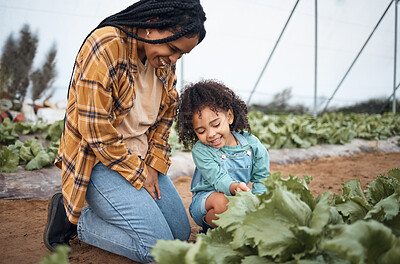Buy stock photo Agriculture, farm and mother with girl in greenhouse garden to check growth of plants. Black family, agro learning and care of mom laughing with kid on field for harvest, farming or sustainability