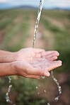 Hands, splash and washing or cleaning with water, hydration and freshness with a splash outdoors on a farm. Person, nature and aqua to prevent germs or bacteria for care, wellness and health