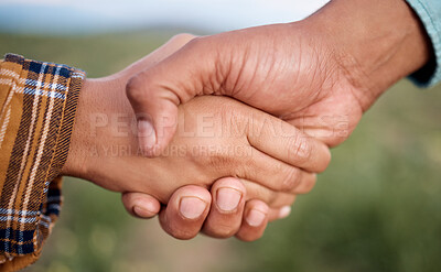 Buy stock photo Handshake, deal and agriculture partnership at farm for sustainability contract, agreement or collaboration. Welcome, thank you and people, man and woman shaking hands for b2b, trust and support.