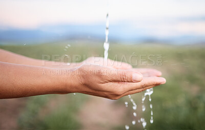 Buy stock photo Hands, water and washing or cleaning for hygiene, hydration and sustainability with a splash outdoors on a farm. Person, ecology and aqua to prevent germs or bacteria for care, wellness and health