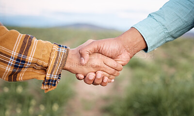 Buy stock photo Deal, handshake and agriculture partnership at farm for sustainability teamwork, agreement or collaboration. Welcome, thank you and people, man and woman shaking hands for b2b, trust and support.
